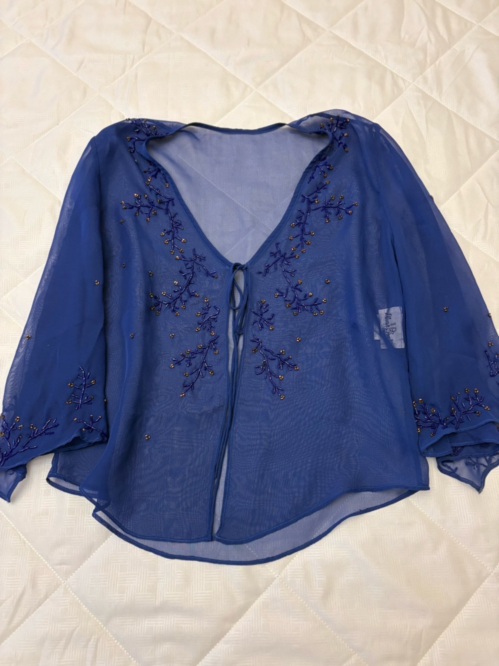 Vintage 90s Sheer Beaded Tie Front Top Blue Boho Y2K Fairy Grunge Crop Blouse S